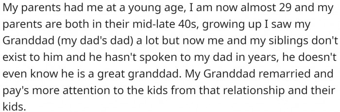 Her parents had her when they were really young. She is 29, and her parents are in their mid-40s.