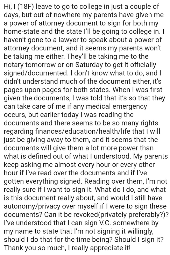 OP's parents keep asking her almost every hour if she has read over the documents and signed them