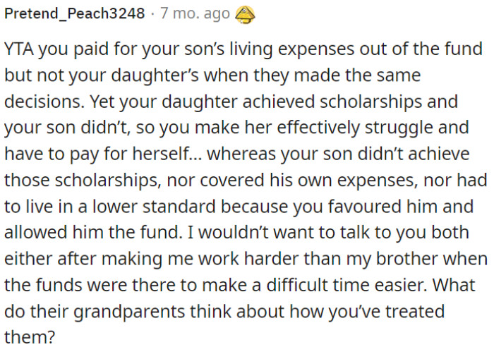 OP paid for his son's expenses but not his daughter's, even though they made the same choices.