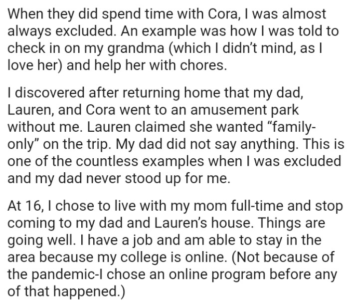 OP Mentions One of the Countless Examples When She Was Excluded from Their Family Outings