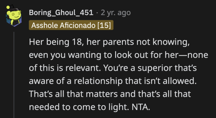 OP's personal feelings aside, as a supervisor, they had the responsibility to report Drew for pursuing a romantic relationship with a subordinate.