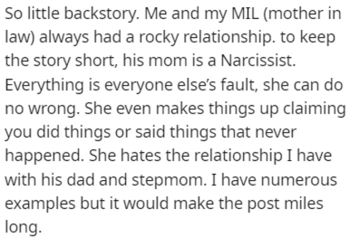 OP and her mother-in-law have always had a rough relationship because of her narcissism