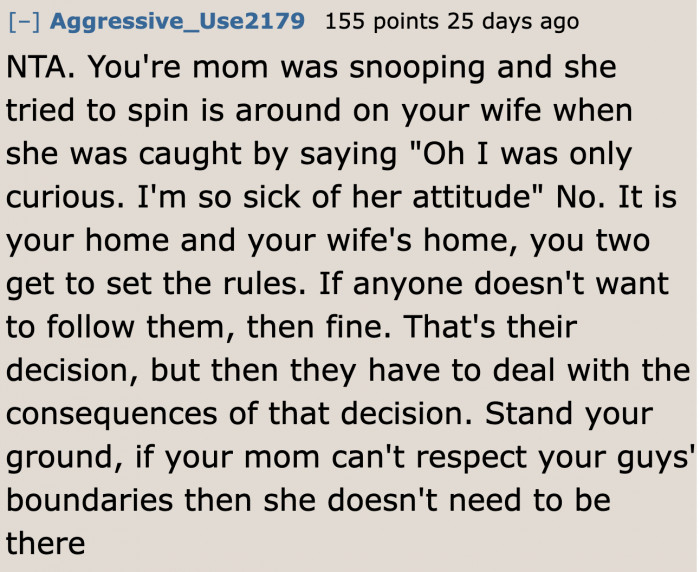 The OP's mom needs to respect the rules.