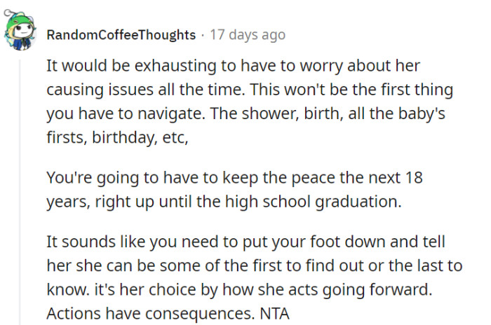 Dealing with Becky's potential issues throughout various milestones can be exhausting, and it's important to establish clear boundaries. Communicating that her behavior will determine her level of involvement can help hold her accountable while prioritizing the well-being of your growing family.