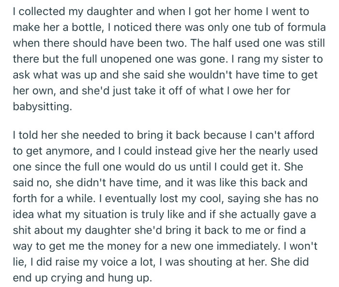 OP scolded his sister to tears for taking his baby’s formula without permission