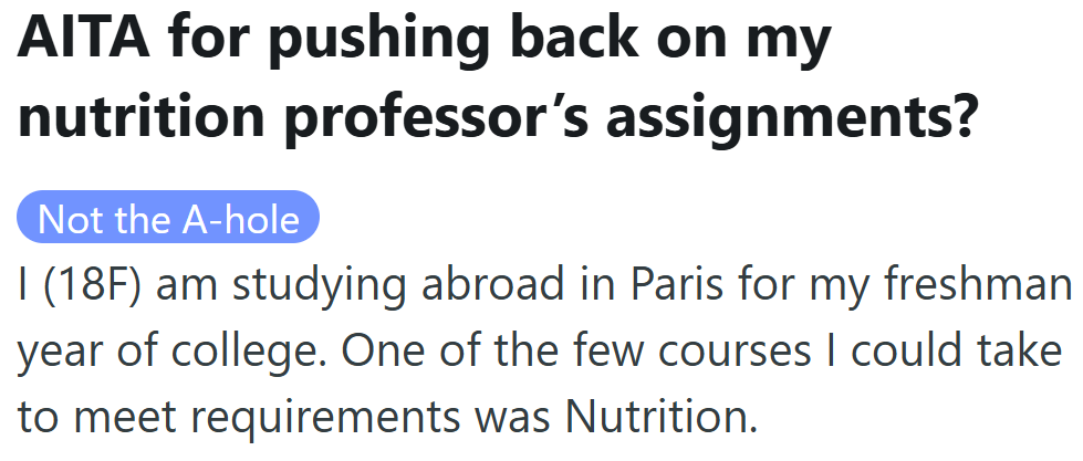 A freshman in Paris shares how a required nutrition class turned into a tense confrontation.