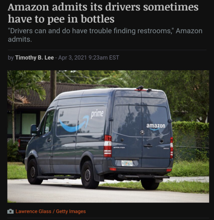 Amazon admits its drivers sometimes have to pee in bottles