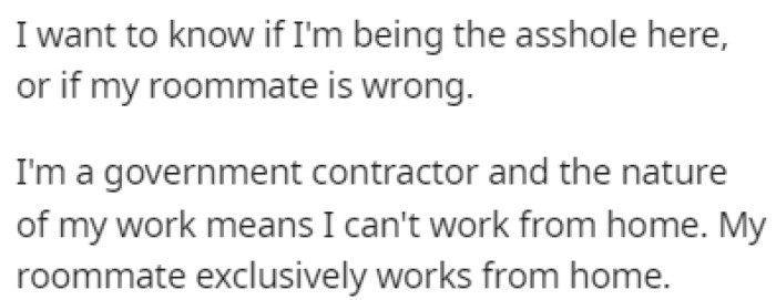 OP is a government contractor, and he lives with a roommate who always works from home