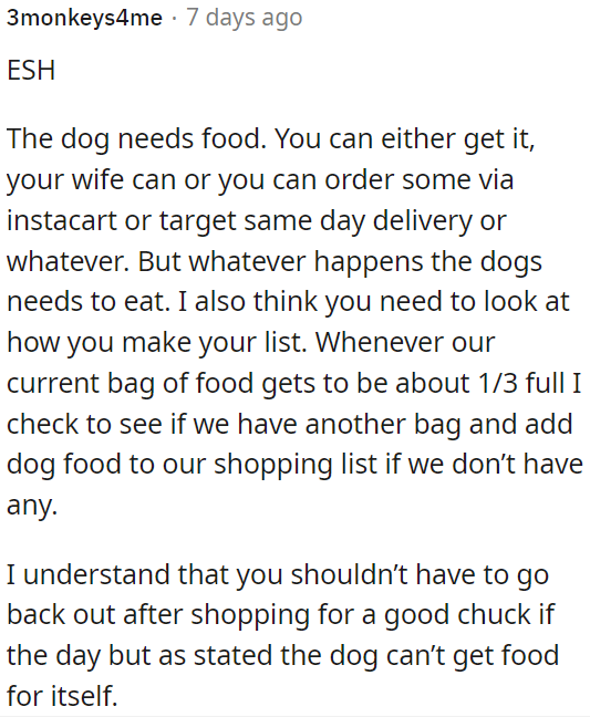 Checking the dog food supply and adding it to the shopping list when it's running low is a good practice to avoid last-minute runs to the store.