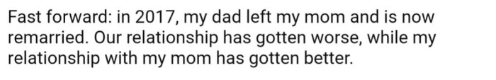 After she grew up, her parents divorced, and her father remarried, and her relationship with him started to weaken