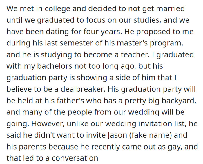 College sweethearts, they postponed marriage for studies. The fiancé proposed during his master's, but excluding a gay friend from the graduation party raises concerns for the partner.
