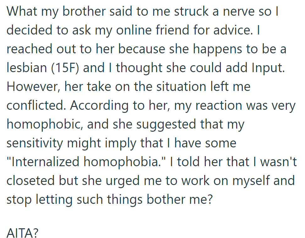 OP's Lesbian Friend Called His Reaction Homophobic and Urged Self-Improvement.