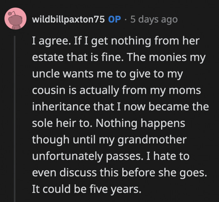 OP's aunt is wrong; he is a great grandson who is just protecting his grandmother's and mom's last gift to him.