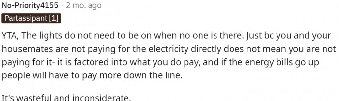 People started saying how the lights do affect the electricity bill as well, so she should be concerned about that.