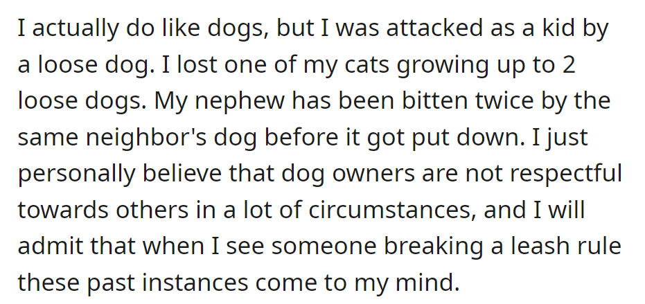 Past dog-related trauma shapes a belief that many dog owners lack respect. Leash rule violations trigger memories of personal incidents.