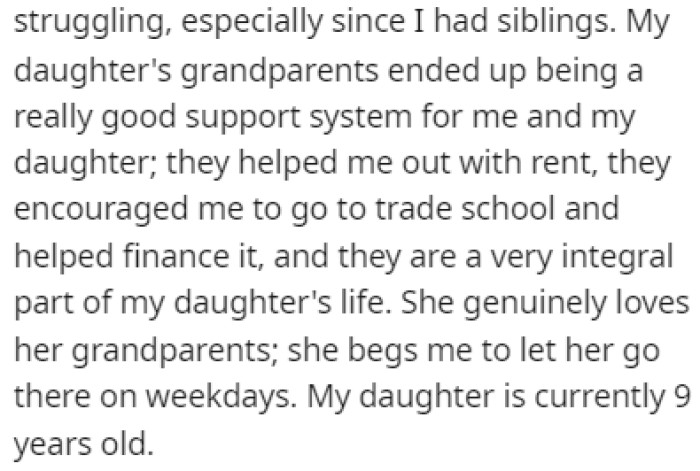 The girl's parents were always supportive of OP's daughter, helping them both out when needed
