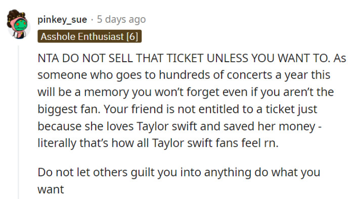 OP should be able to attend the show without letting guilt sway her decision!