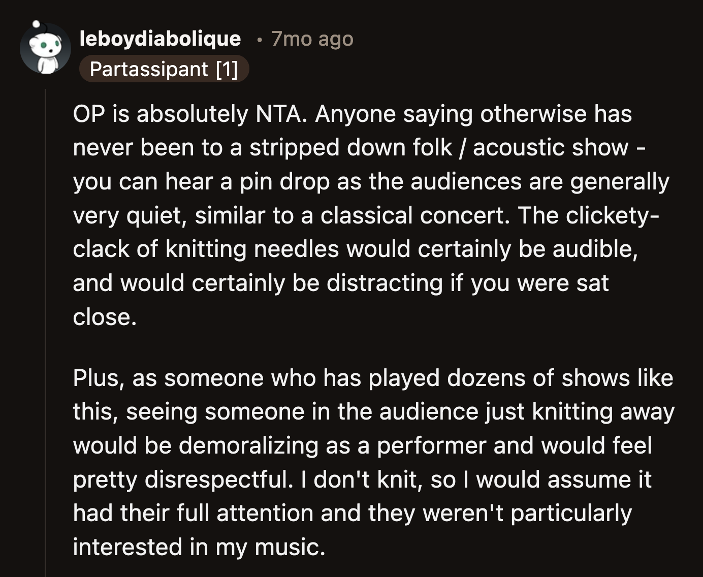 Early votes defended the knitting lady, but the majority said OP was not the a**hole. She couldn't have been more polite in how she approached the lady.
