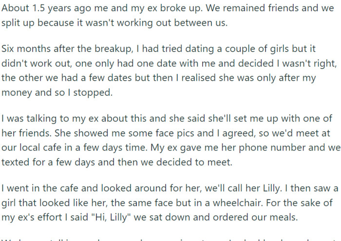 About 1.5 years ago, OP and his ex-girlfriend ended their relationship, deciding to remain friends after realizing they weren't a match romantically.