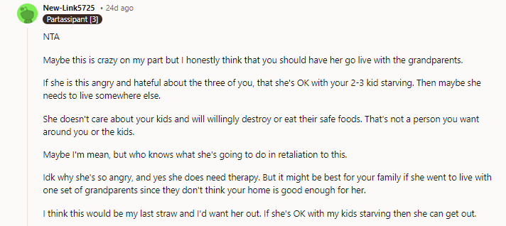 She's angry because her mom died, and she wishes it was me (us by extension). She has been in therapy since her mom died.