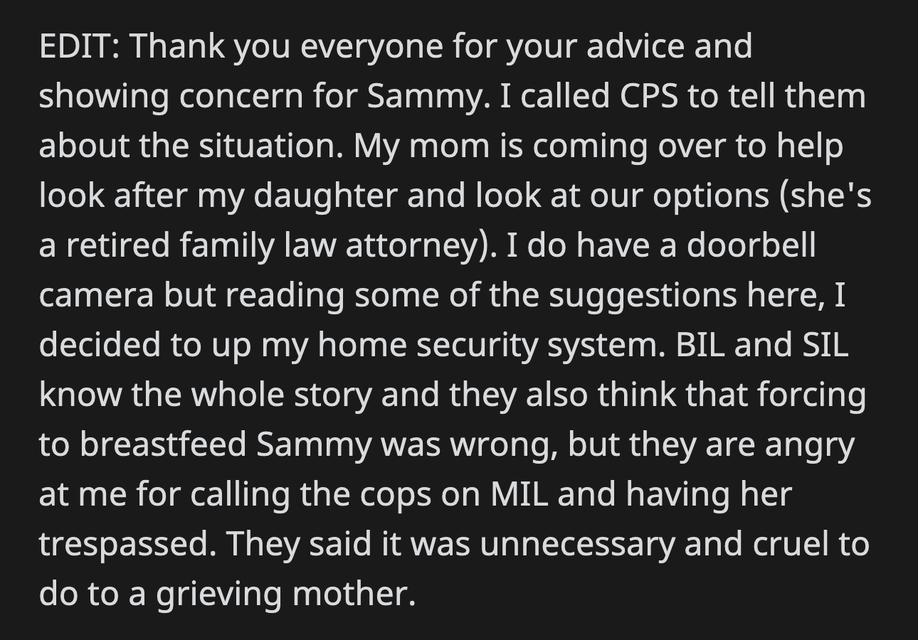 OP heeded the advice given by Redditors. He will upgrade his home security system, and his mom will temporarily stay with him to help with Sammy.