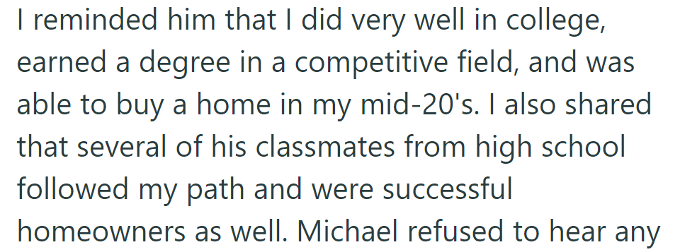 OP noted their college success, early homeownership, and the achievements of Michael's high school peers.