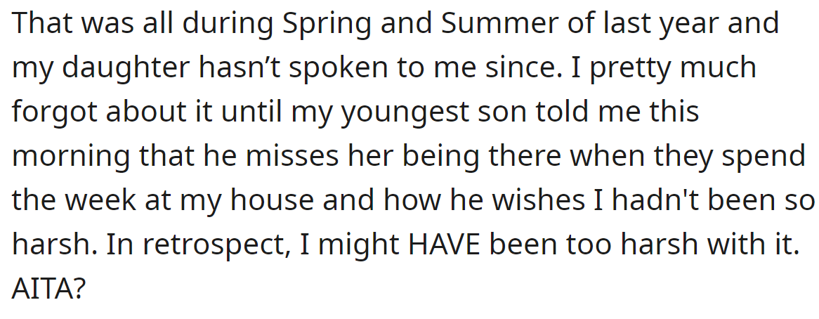 A year later, the OP started questioning his actions: