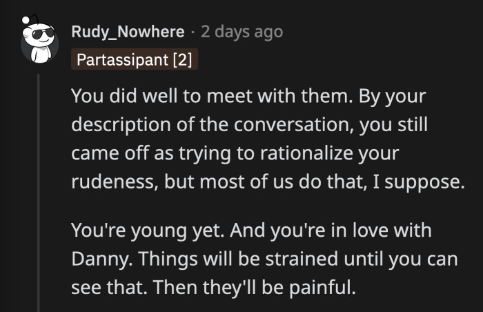 Commenters still think that OP has residual feelings for Danny that she's not yet willing to admit