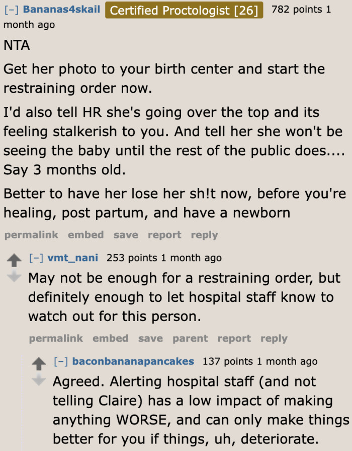 One Redditor even suggests getting a restraining order since the coworker's reactions are already over the top.