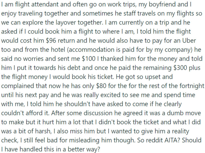 While OP is currently on a work trip, the boyfriend asks if they can book him a flight to join them