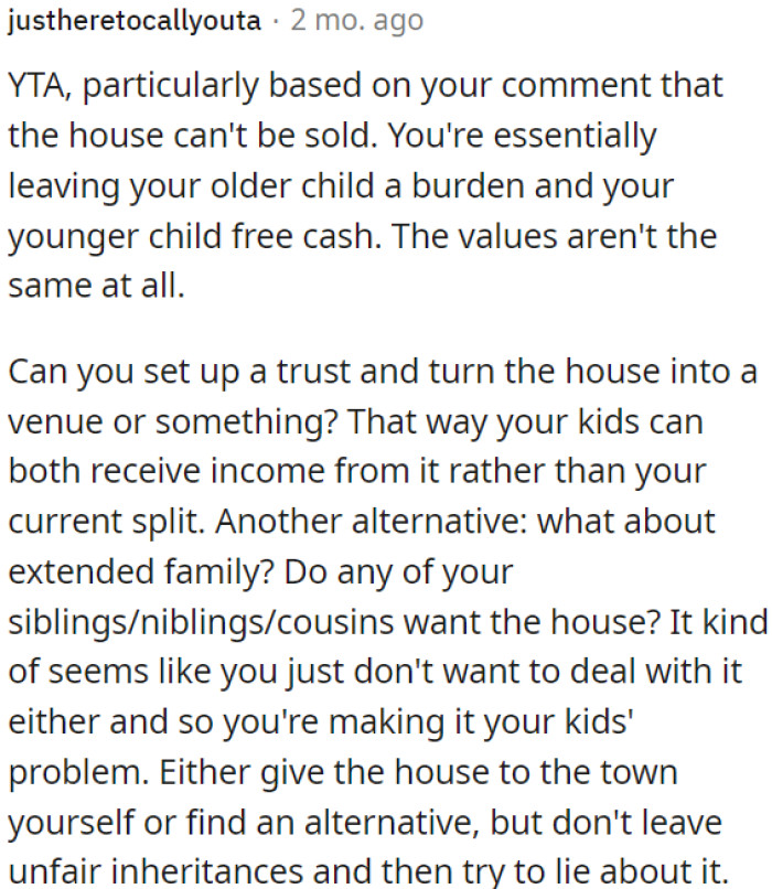 OP is essentially burdening his older child while giving his younger one a windfall.