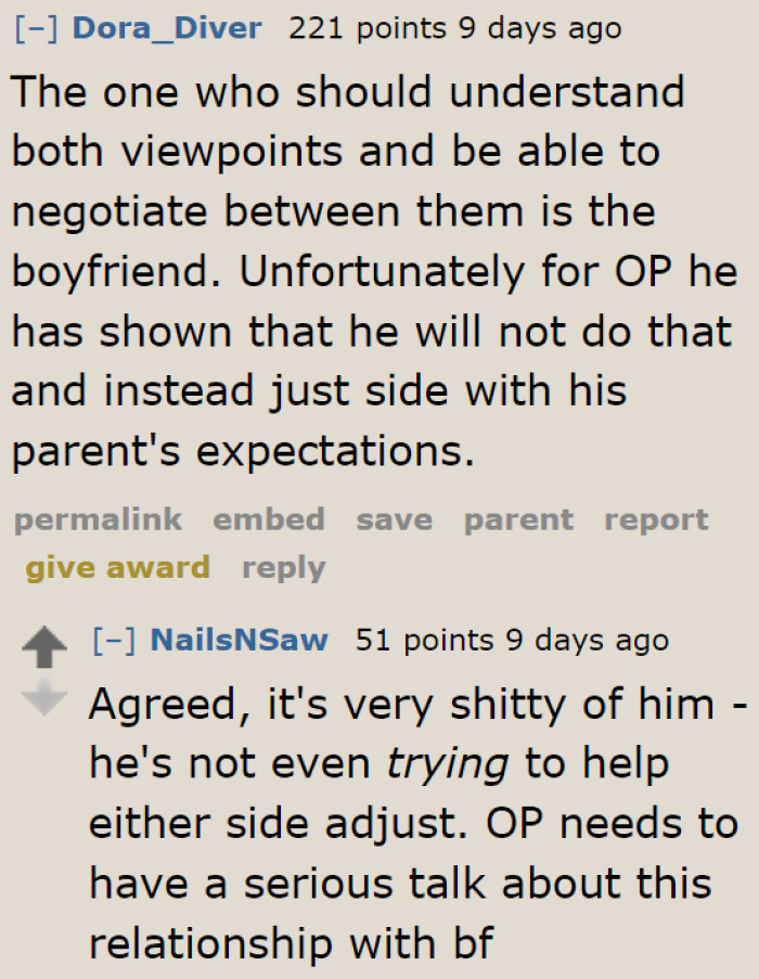 It's the boyfriend's responsibility to balance things between the OP and his parents. But it seems that he'll just listen to his parents all the way.