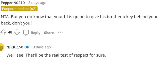 This Reddit comment predicts that her boyfriend will give his brother the key behind her back.