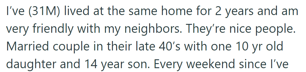 OP has lived next to a friendly couple in their late 40s with two children for two years.