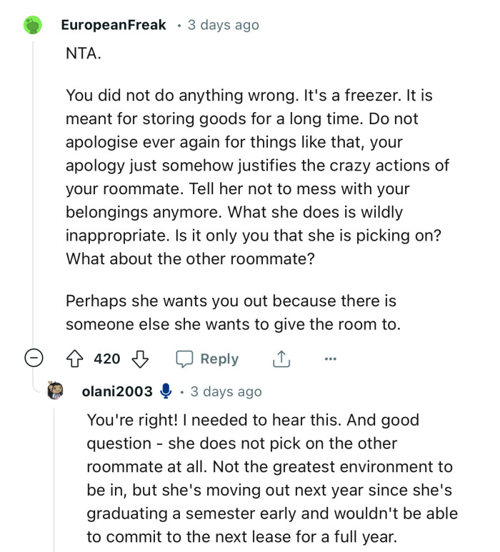 “NTA. You did not do anything wrong. It's a freezer. It is meant for storing goods for a long time.”