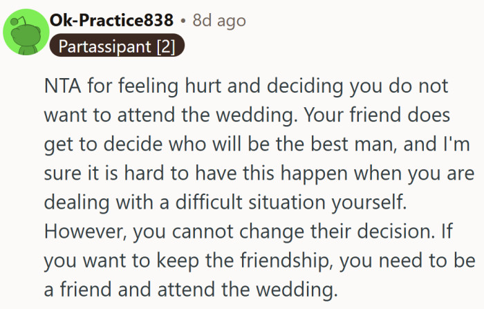 Some thought both sides had valid points—he could decline the role, but attending might preserve the friendship.