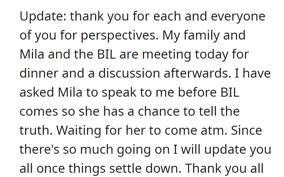 OP asked Mila to talk before her brother-in-law arrives.