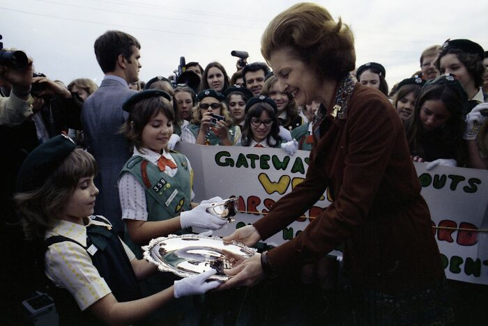 "Gateway Girl Scout Troop Members Presenting A Silver Plate And Bowl To First Lady Betty Ford At Jacksonville International Airport In Jacksonville, Florida, 1976"