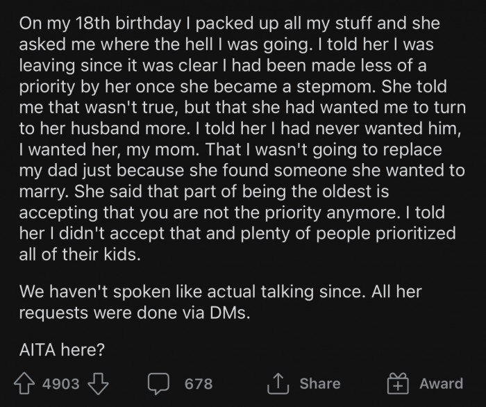 OP was fed up after years of neglect and decided to move out after turning 18.