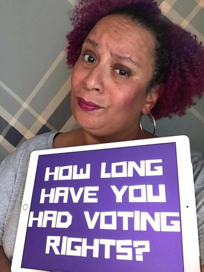 Roaring Gold asked for photos of people holding signs stating when their demographic gained voting rights in the US.