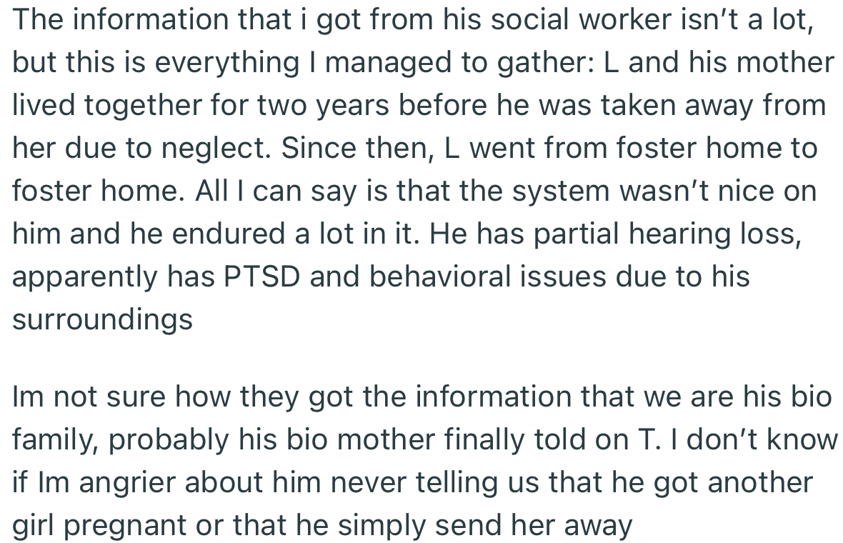 Apparently, OP’s abandoned nephew has been passed around from one foster home to another. Finally, a social worker decided to track down OP’s family to reunite the boy with his father