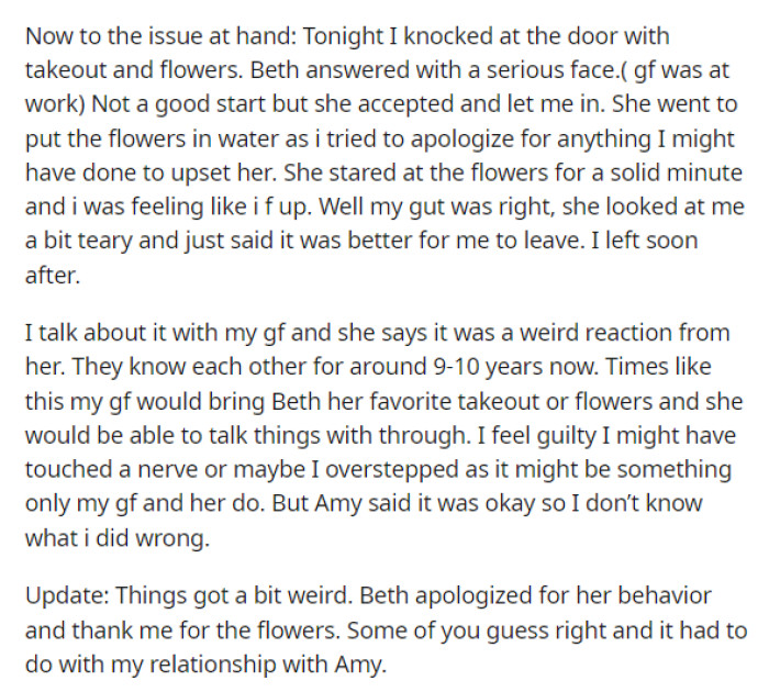 Then he explains his situation and what he decided to do to help their relationship and initiate a friendship with her.