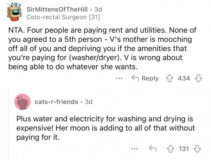 The roommate's mother is mooching off of OP and their roommates.