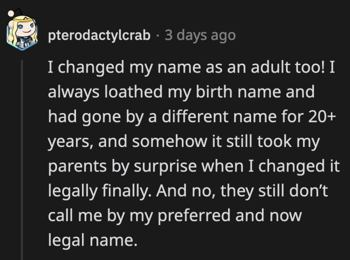 A Redditor shared their story about changing names as well