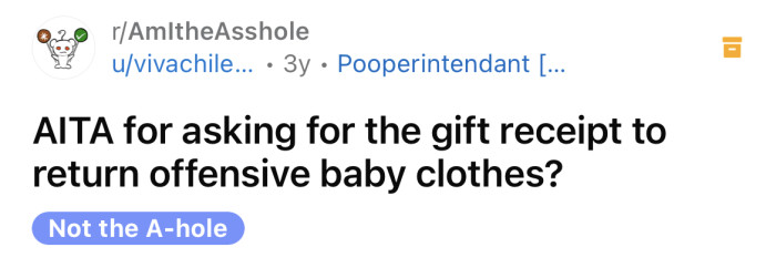 The OP asked if she's an a**hole for asking for the receipt for the baby clothes she was gifted.