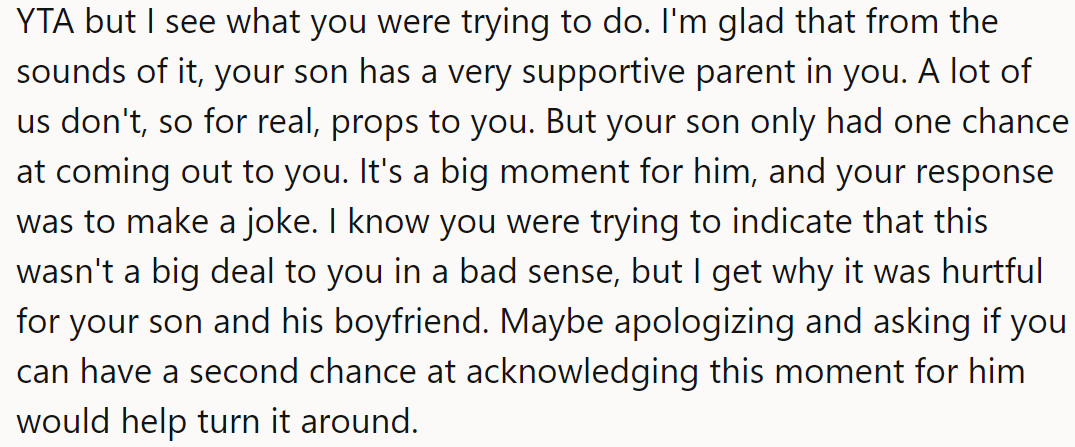 The OP could apologize to his son and his boyfriend
