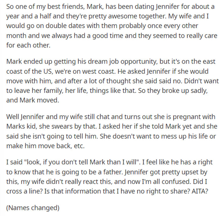 OP essentially gave us the whole situation that happened between his friend and ex-girlfriend, and he also provided details on what's going on now and why she doesn't want to tell him.
