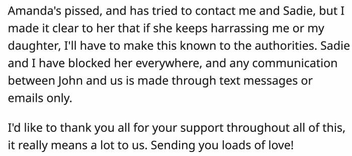 Amanda was still pushing to contact OP and her daughter