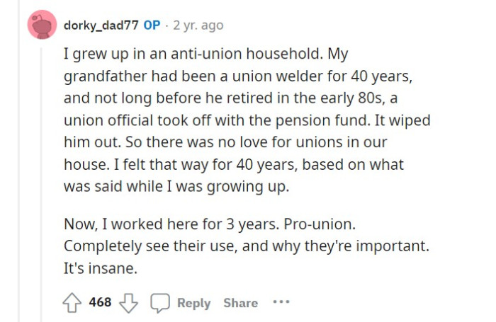 There was no love for unions in this Redditor's house