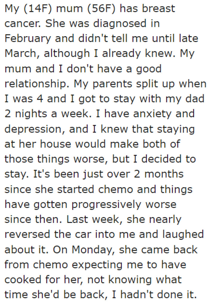 The original poster (OP) tells the community that her verbally abusive mom has cancer.